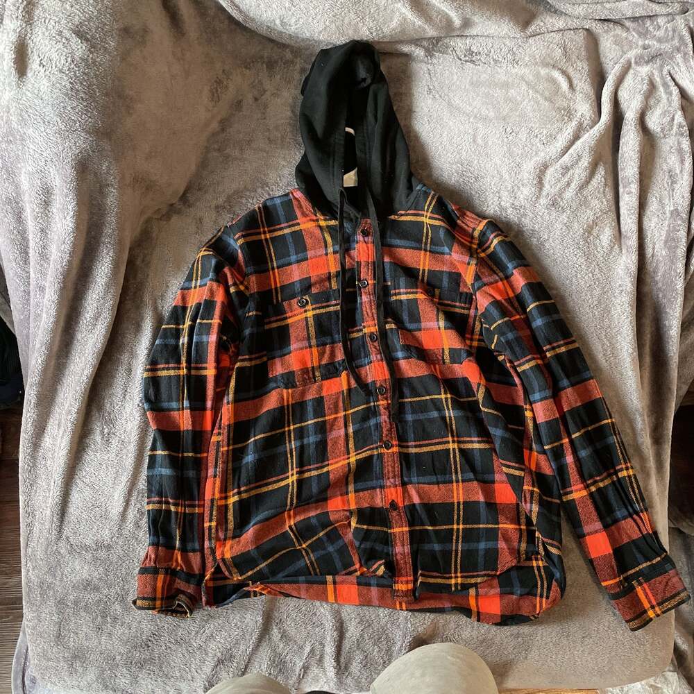 Legendary Outfitters Men's Orange and Gray Plaid Flannel Hooded Shirt Jacket